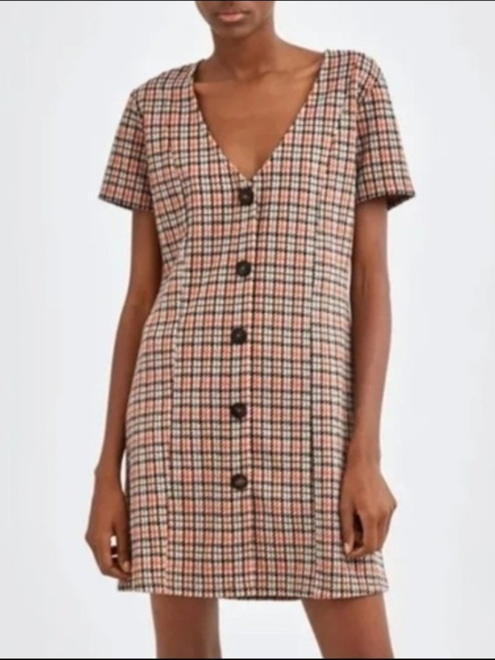 Zara Plaid V-Neck Button Front Mini Dress Brown Women's L NEW Preppy Academia